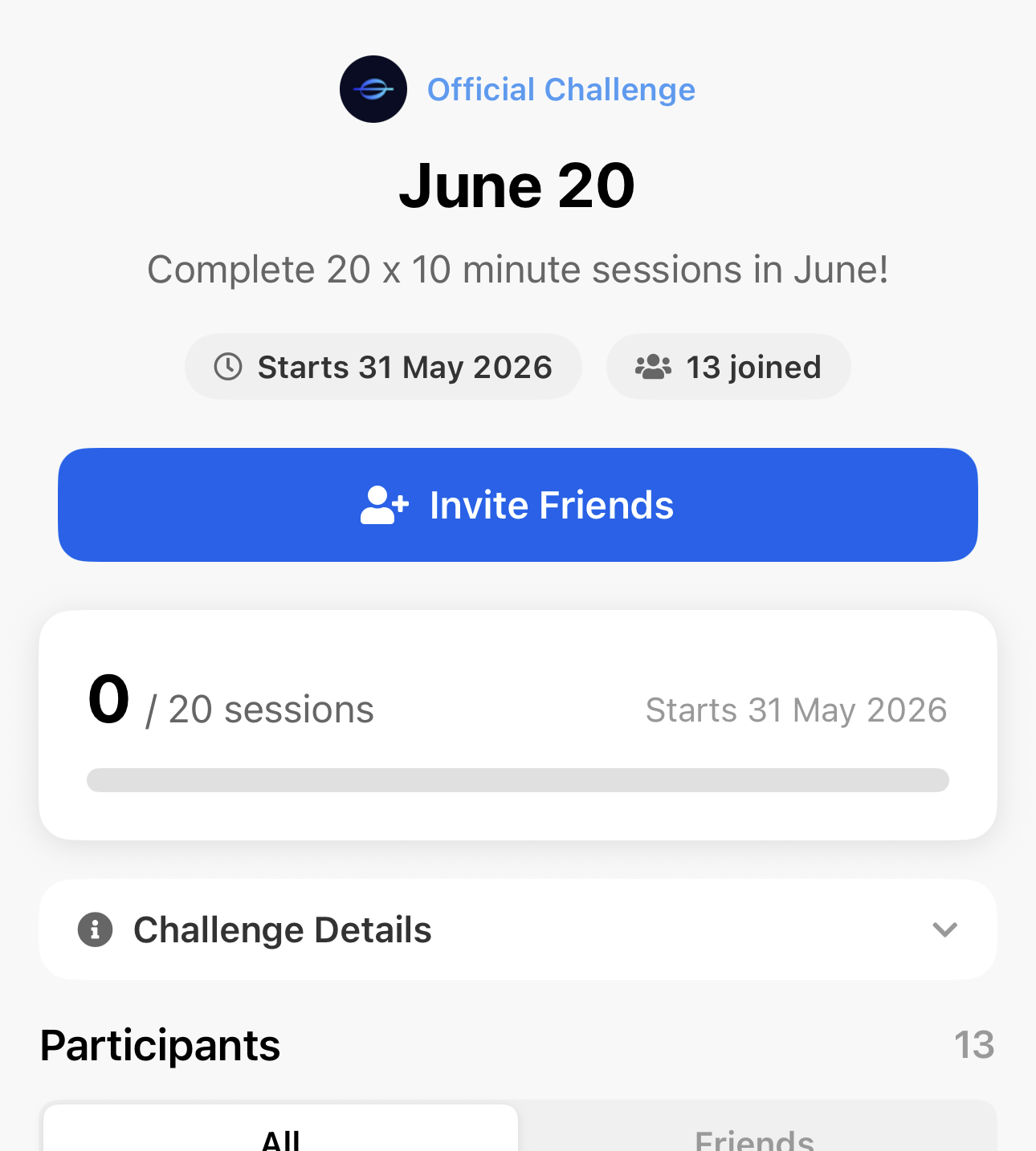 Octero challenge screen showing the June 20 challenge with participants and progress